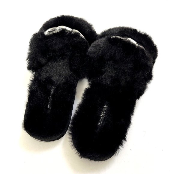 NWOB MICHAEL KORS Scarlett Chain Link Faux Fur Slide Sandal Black Fuzzy Furry - Picture 4 of 10